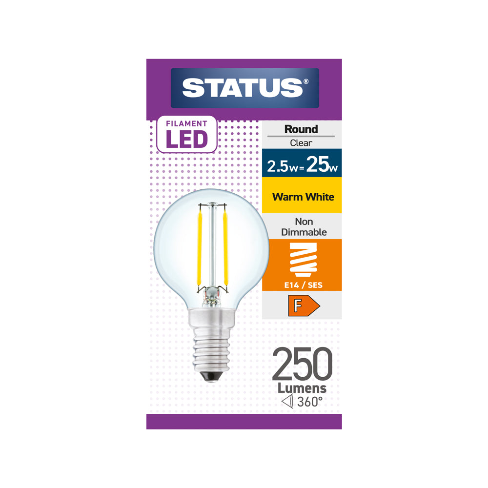 2.5w = 25w = 270 lumens - Filament LED - Round - SES - Clear - Warm White - 1 pk box - in White CDU