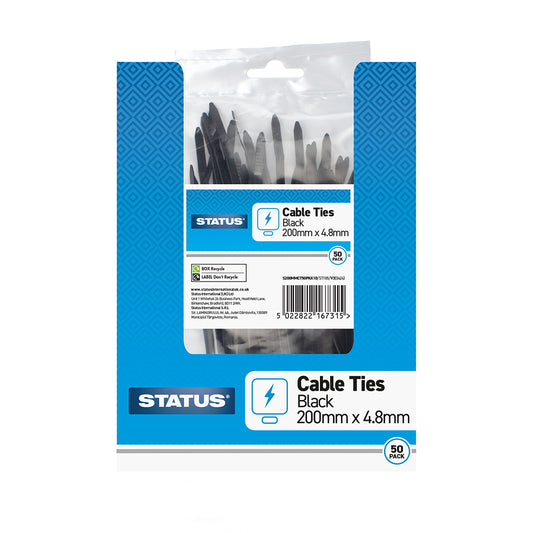 200mm - Black - Cable Ties - 50 pk - in Poly Bag - in Colour CDU