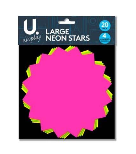 20 Large Neon Coloured Stars School Fun Display 4 Assorted Colour Large Stars