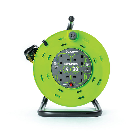 20 Mtr - 13 amp - "M Frame" - 4 Socket Outlet with Thermal Cut Out - Green - Cable Reel - 1 pk
