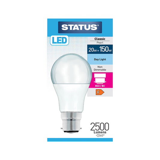 20w = 150w = 2500 lumens - LED - A80 GLS - B22 - PA -Pearl - Day Light - 1 pk box - in White CDU