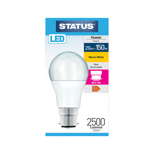 20w = 150w = 2500 lumens - LED - A80 GLS - B22 - PA -Pearl - Warm White - 1 pk box - in White CDU