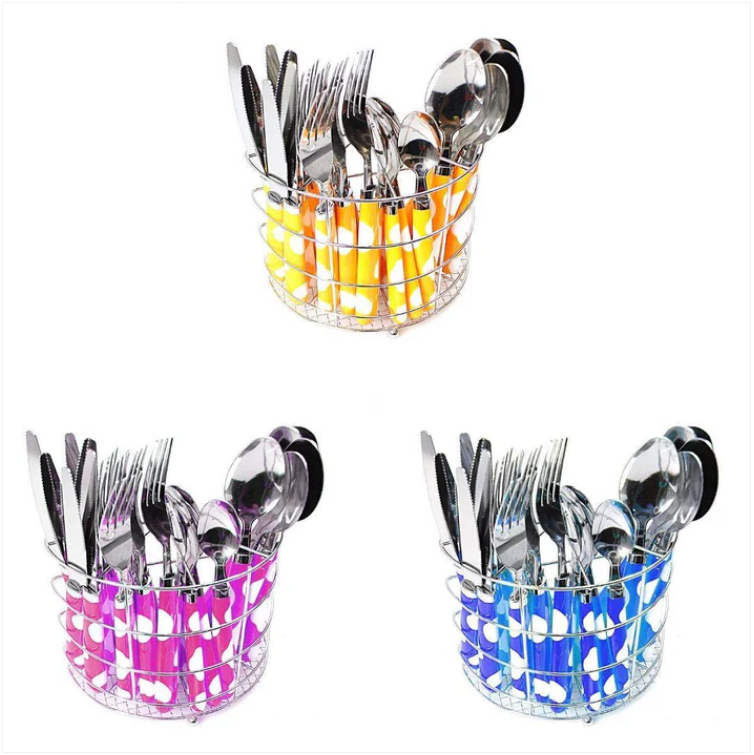 24PC Spotted Stylish Stainless Steel Cutlery Set In Steel Holding Rack