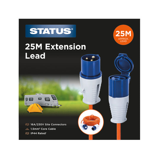 25M - 1.5mm - 16 Amp - Site Hook Up Extension Lead - Orange Cable - 230v - IP44- 1pk Box
