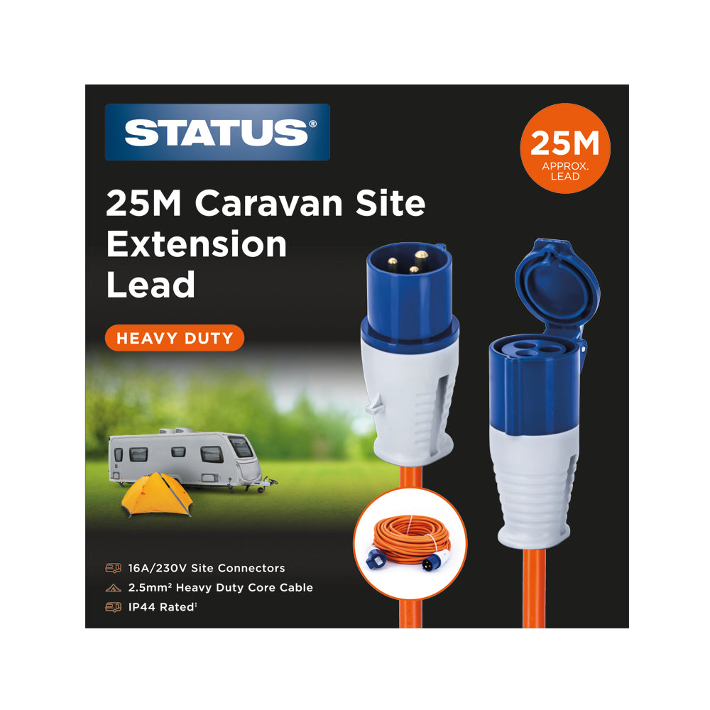 25M - 2.5mm - Heavy Duty - 16 Amp - Caravan and Motorhome Site Hook Up Extension Lead - Orange Cable - 230v - IP44- 1pk Box