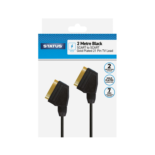 2 Mtr - 21 Pin Scart Gold Plated Connectors - Cable 7mm - Black - 1 pk - in Poly Bag - in Colour CDU