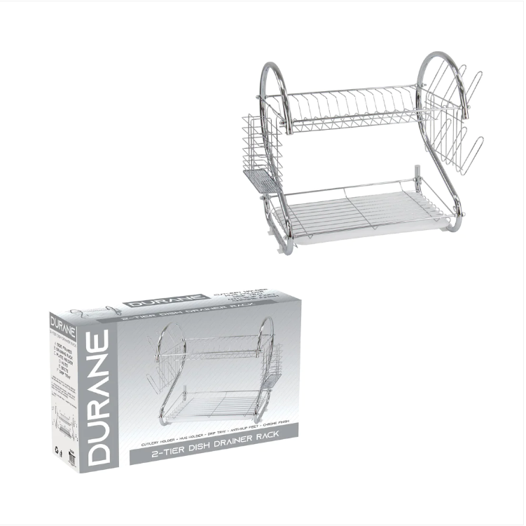 2 Tier Dish Drainer Rack With Cutlery Rack Holds Plates Mugs Cups Anti Slip Chrome Finish