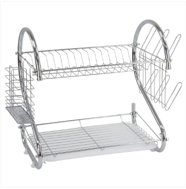 2 Tier Dish Drainer Rack With Cutlery Rack Holds Plates Mugs Cups Anti Slip Chrome Finish