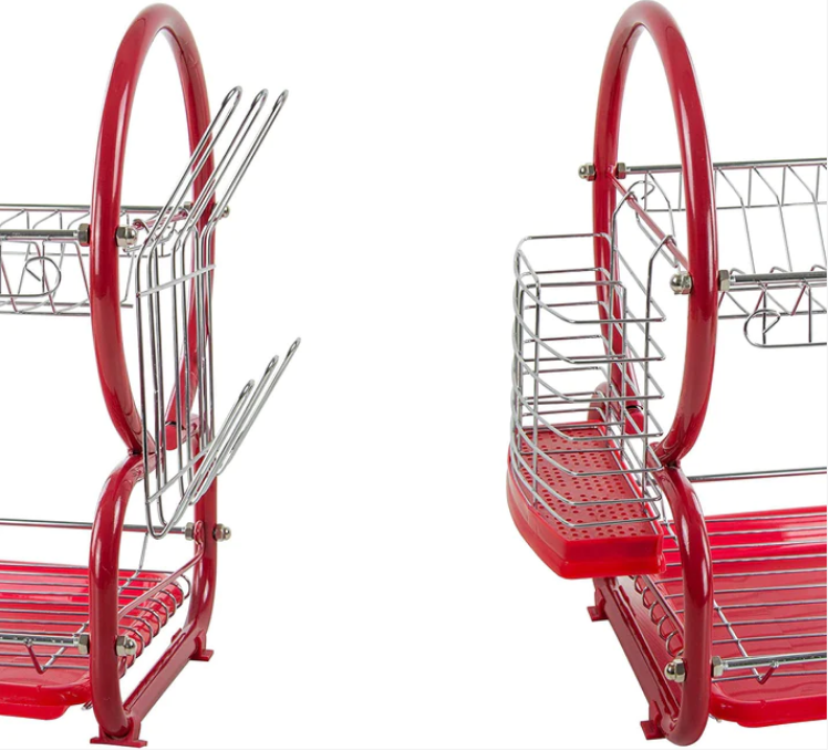 2 Tier Kitchen Dish Drainer Metal and Plastic Red