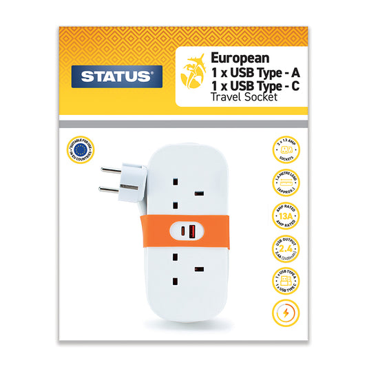 2 Way 1.4 Metre - Euro Travel Socket with 2 x USB Ports - 1 pk - Glossy Retail Box
