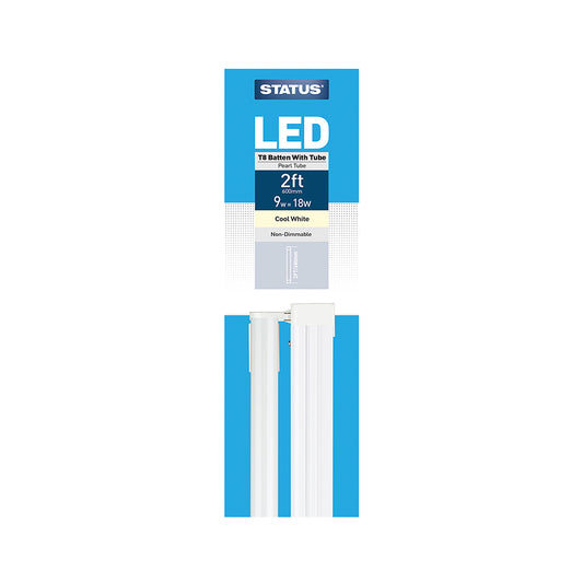 2ft / 600mm - 9w = 750 lumens - LED - T8 Tube - Batten Fitting - Pearl - Cool White - 1 pk box