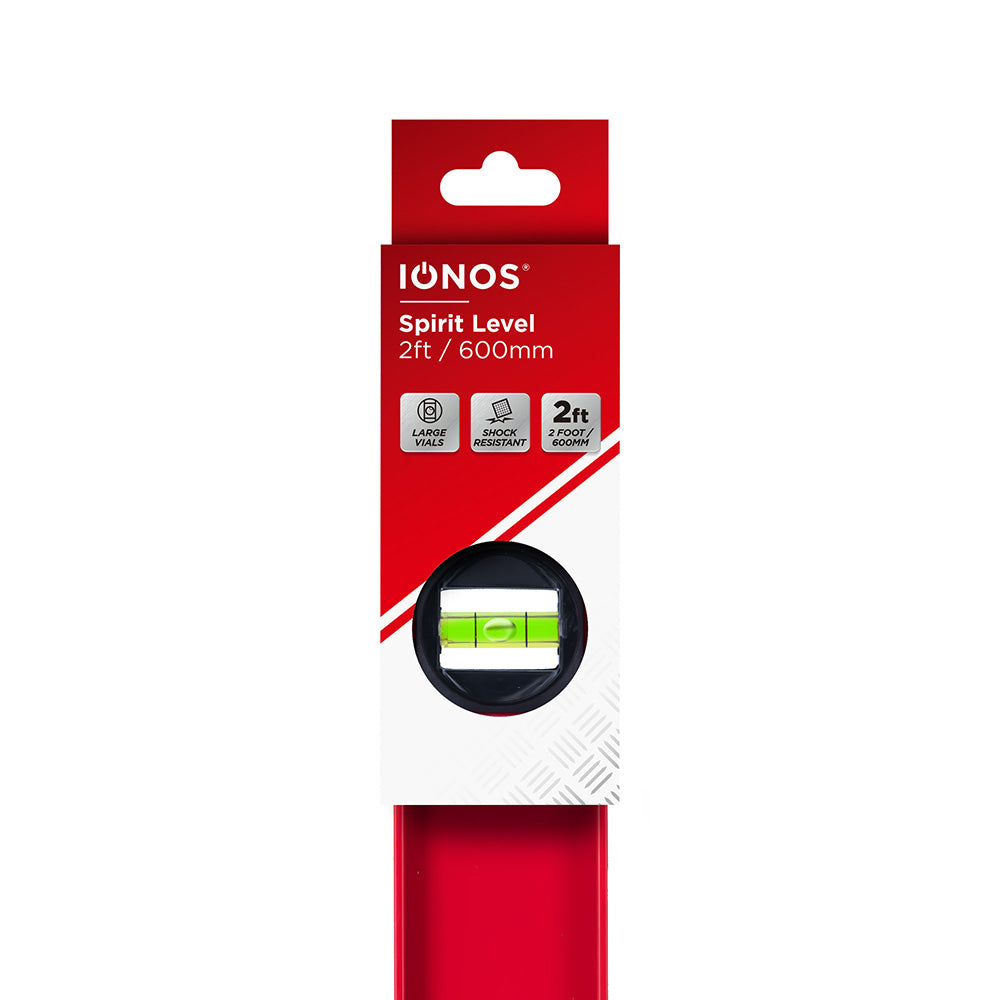 2 ft Spirit Level - aluminium - 600mm - 1.5mm thick - 1:1000 accuracy - hanging card - Ionos - 1 pk