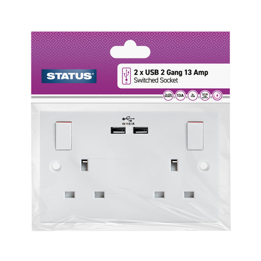 2 gang - 13 amp - 2 x USB Charging Port - Wall Socket - White - 1 pk - in Poly Bag / Header Card