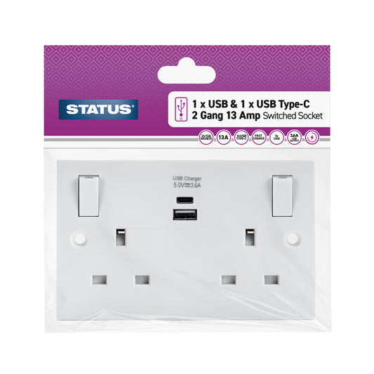 2 gang - 13 amp - 2 x USB Type A and C Charging Port - Wall Socket - White - 1 pk - in Poly Bag / Header Card