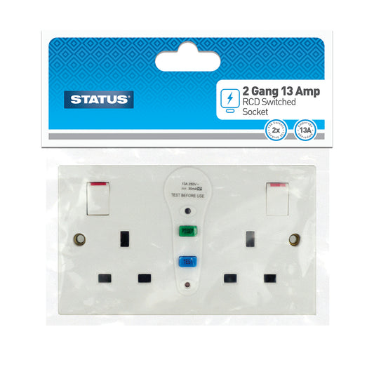 2 gang - 13 amp - RCD Wall Socket - Switched - White - 1 pk - in Poly Bag / Header Card