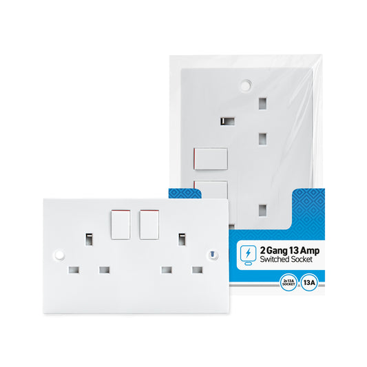 2 gang - 13 amp - Wall Socket - Switched - White - 1 pk - in Poly Bag - in Colour CDU