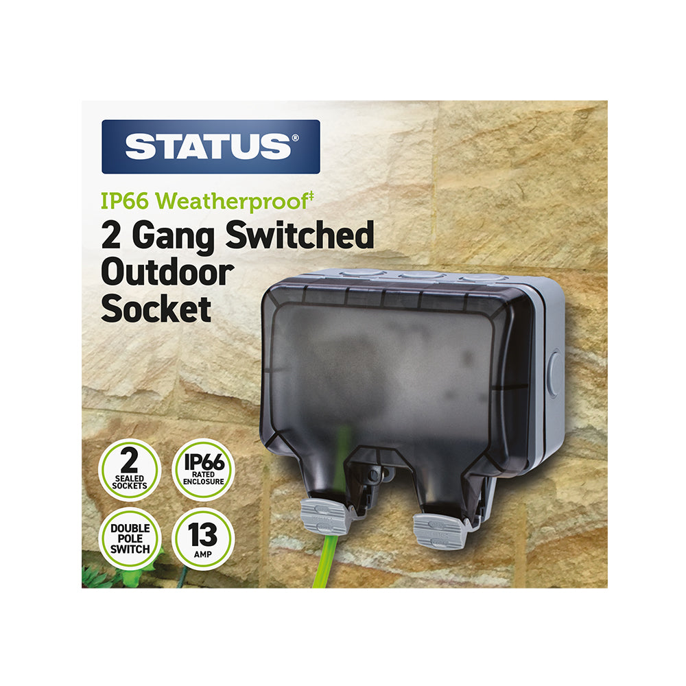 2 gang - 13 amp - Weatherproof - IP66 - Switched - Socket - White - Grey Cover - In Glossy Retail Box