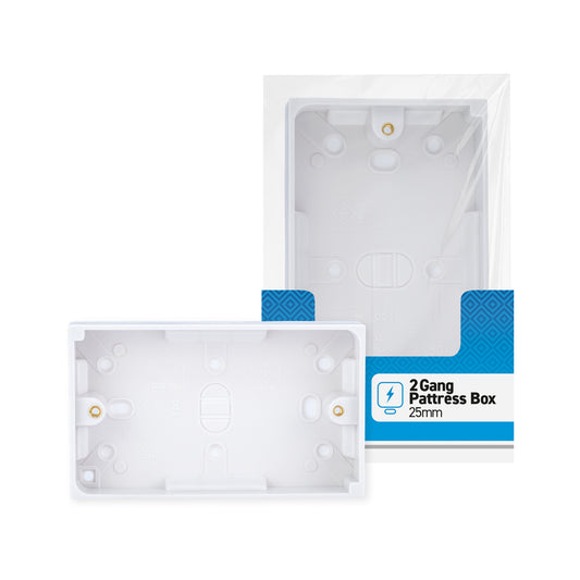 2 gang - 25mm - Pattress Box - White - 1 pk - in Poly Bag - in Colour CDU