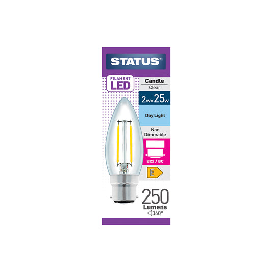 2w = 25w = 270 lumens - Filament LED - Candle - BC - Clear - Day Light - 1 pk box - in White CDU