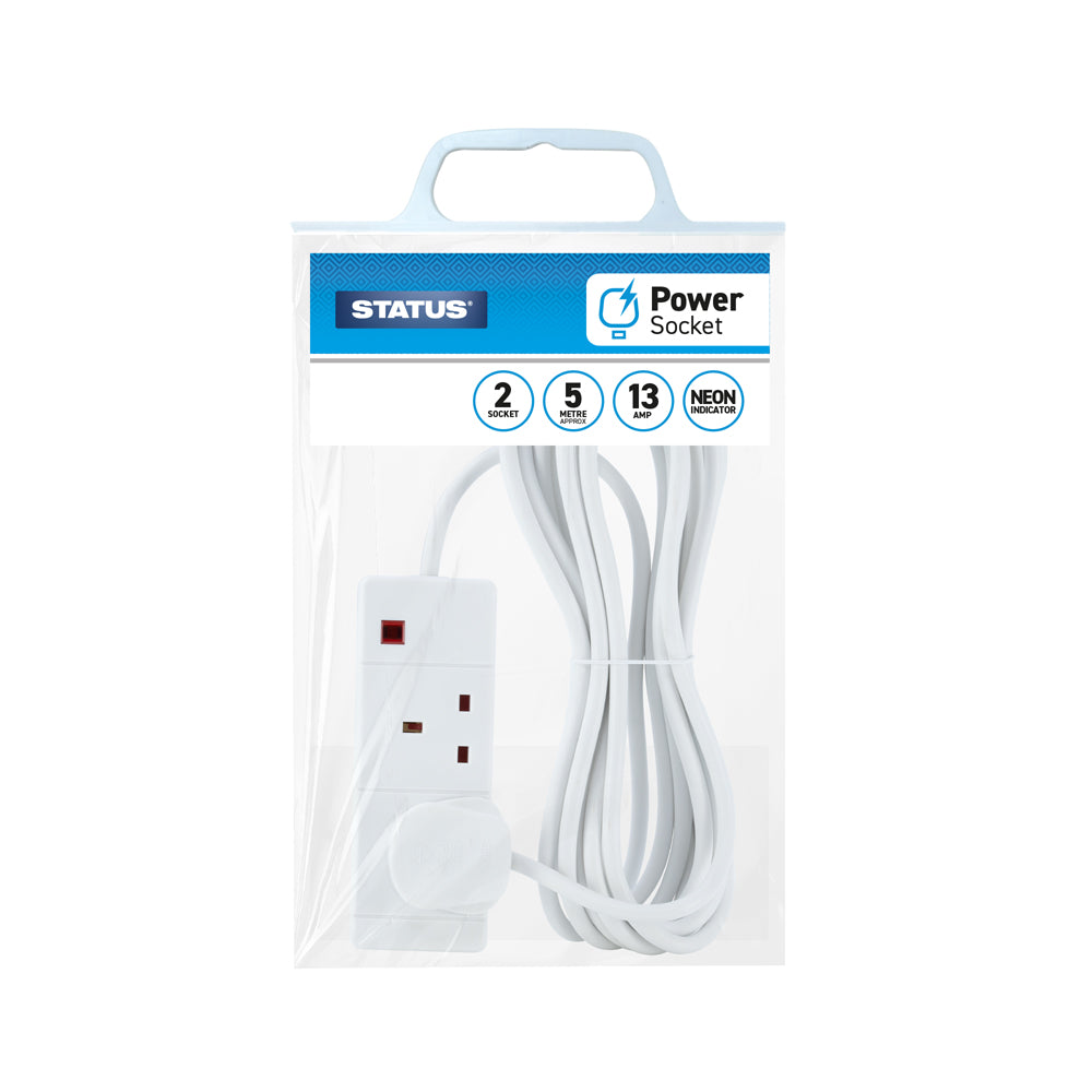 2 way - 5 Mtr - Extension Socket - White - Neon Indicator - Plug - 1 pk - in Poly Bag with Handle