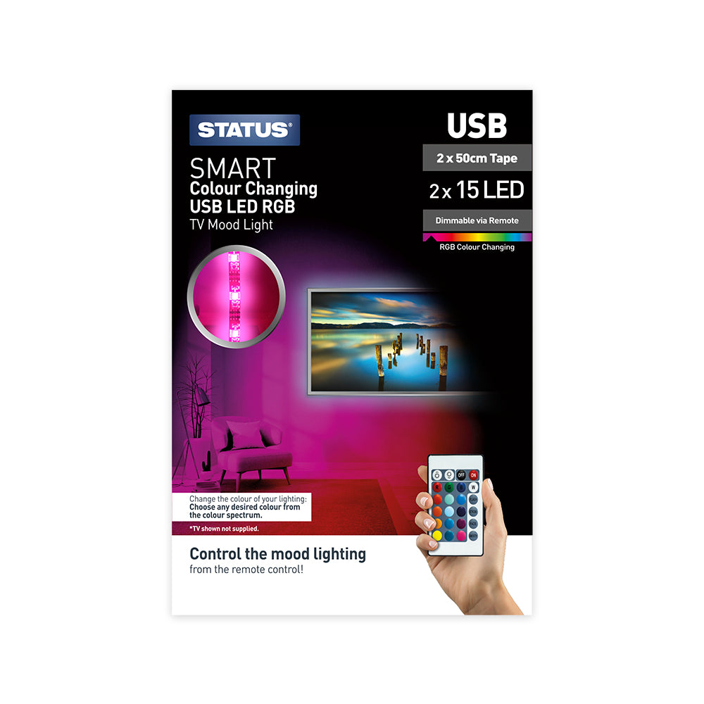 2 x 0.5 Mtr - LED TV Mood Light Tape - RGB Colour Changing - USB - Remote Control - 1 pk glossy box