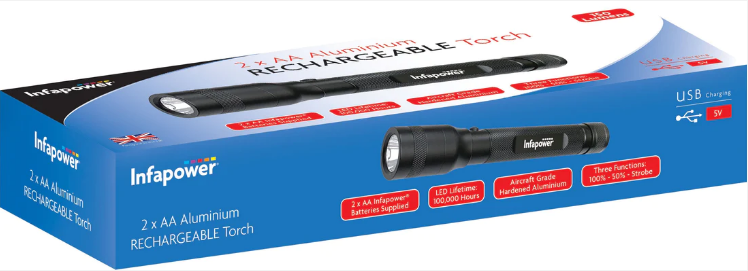 2 x AA Aluminium Rechargeable Torch DIY Home