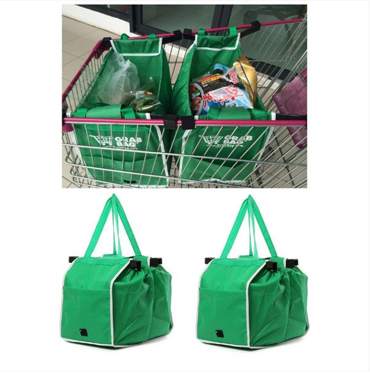 2x Supermarket Shopping Trolley Foldable Reusable Grocery Grab Clips Bag
