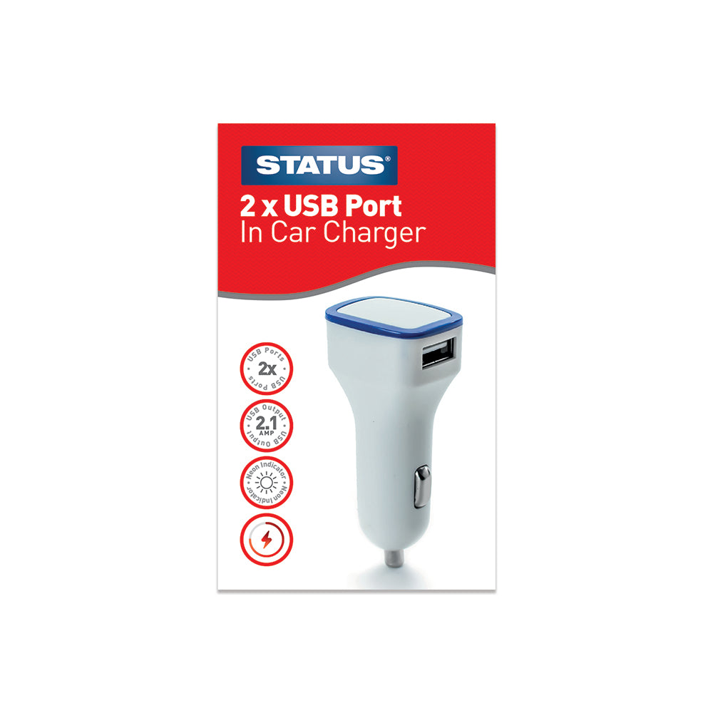 2 x USB - In Car Charger - 12v - 2.1 mA - White - 1 pk - in a Box