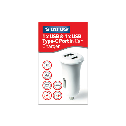 2 x USBA & C - In Car Charger - 12v - QC3.0 - White - 1 pk - In a Box