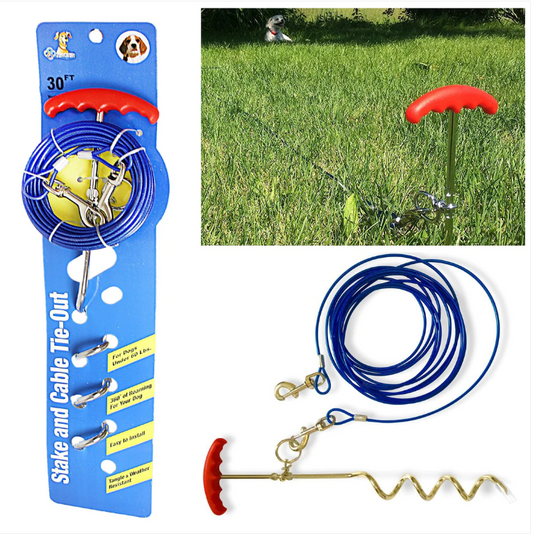 30ft Dog Tie Out Cable And Stake Set Small Large Dog Ground Field Spike Stake