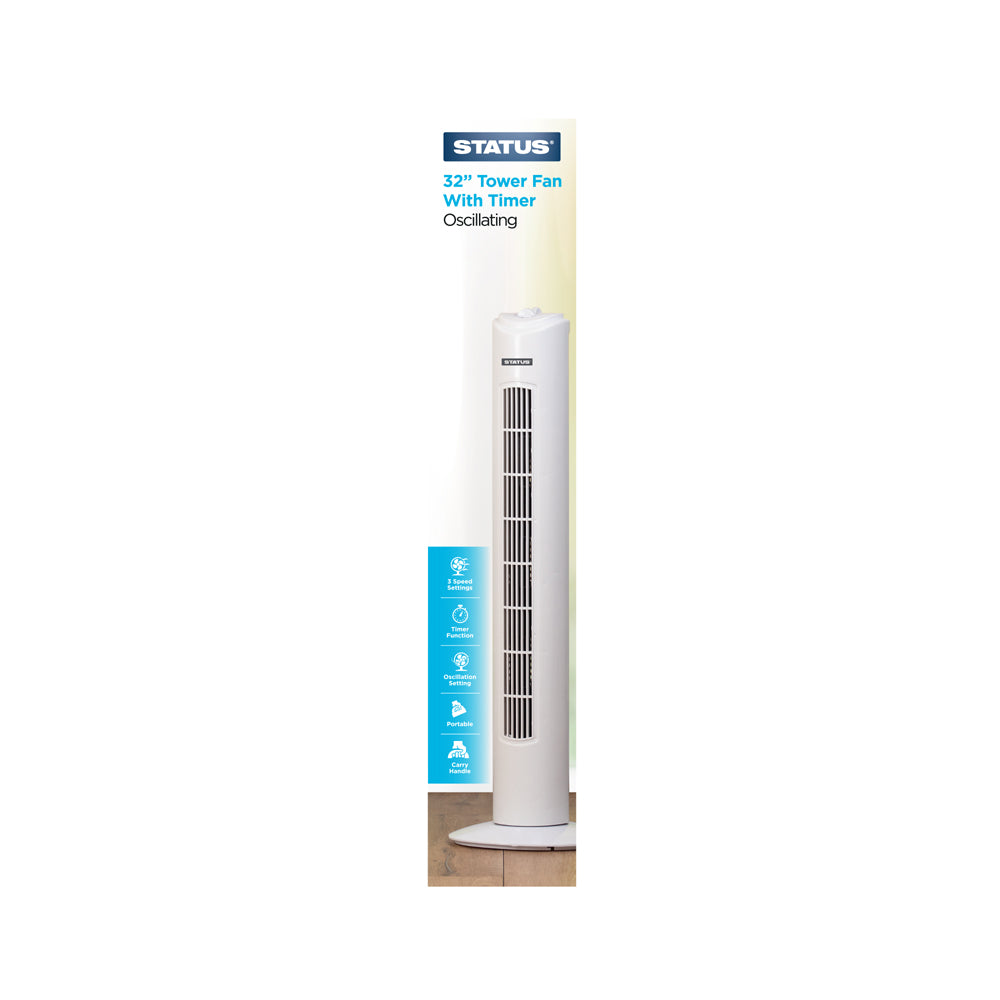 32" White Tower Fan - Oscillating - 3 Speed Settings - 1 pk - in Glossy Retail Box