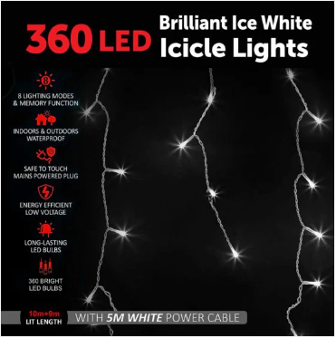 360LED Brilliant Ice White Icicle Lights