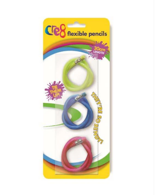 3 Pack Assorted Colour Cool Flexible Bendy Twisty Pencils 30cm With Eraser