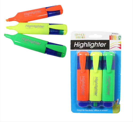 3 Pack Neon Coloured Highlighters School Stationery Highlighter Set