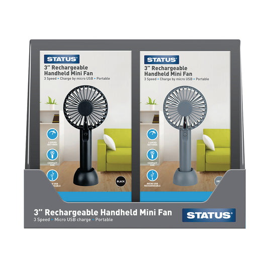 3" Rechargable Hand Held Mini Fan - Air Blast - 5 x Black 5 x Grey - in Colour CDU