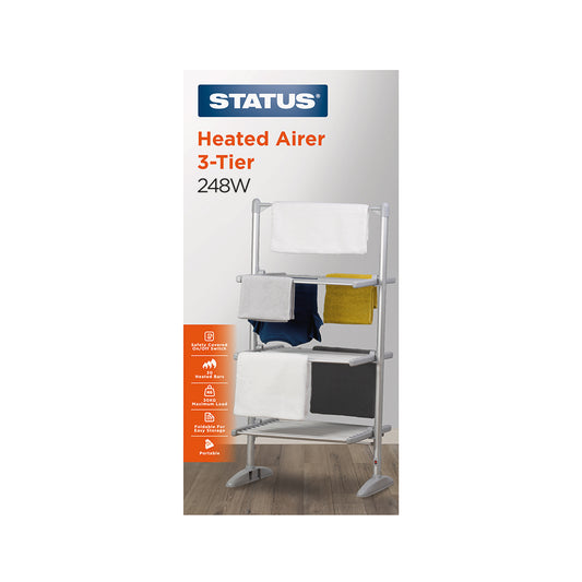 3 Tier Heated Clothes Airer - 248w - Silver - 30 Heated Bars - Portable - 1 pk - in Glossy Retail Box