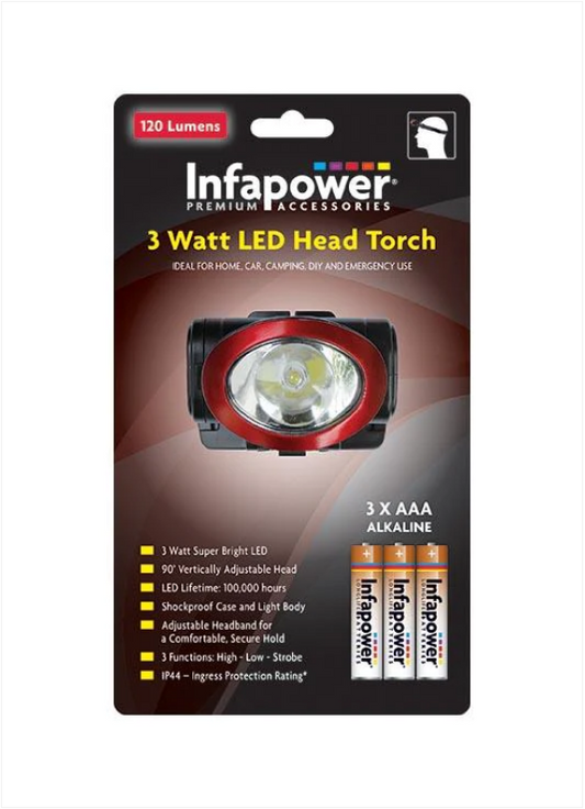 3 Watt LED 120 LUMENS Head Torch 90'' Vertically Adjustable Head 3 x AAA