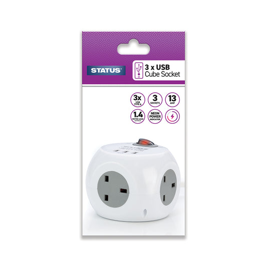 3 Way 1.4 Metre - Cube Socket with 3 x USB Ports - 1 pk - Glossy Retail Box