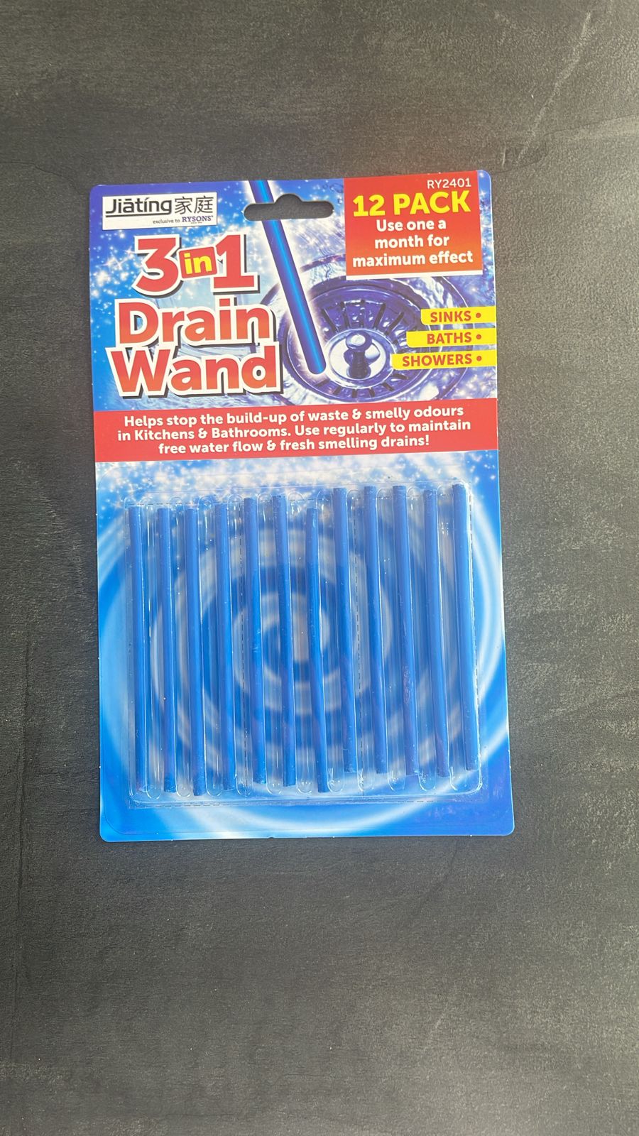 3 in 1 Drain Wand 90cm Drain Unblocking Rod Use Sinks Baths Showers 12 Pack