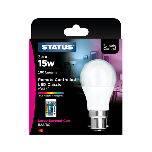 3w - LED Colour Changing - GLS - BC - 16 Colour Modes / 4 Transition Modes - Remote Control - 5m Range - 1 pk - in a Box