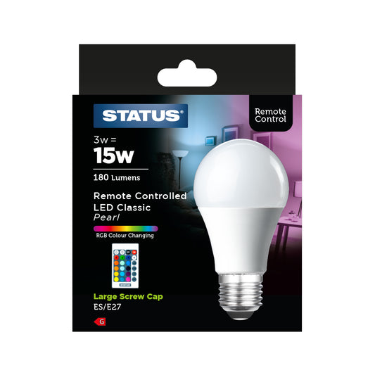 3w - LED Colour Changing - GLS - ES - 16 Colour Modes / 4 Transition Modes - Remote Control - 5m Range - 1 pk - in a Box