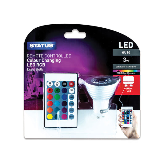3w - LED Colour Changing - GU10 - 16 Colour Modes / 4 Transition Modes - Remote Control - 5m Range - 1 pk - in a Trapped Blister