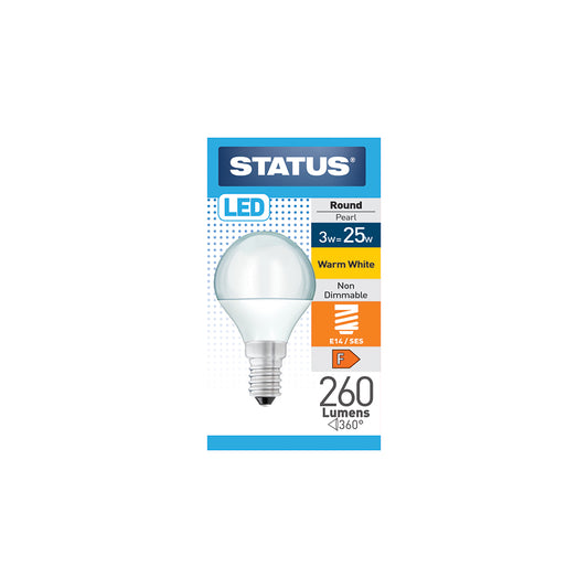 3w = 25w = 260 lumens - LED - Round - E14 - PA - Pearl - Warm White - 1 pk box - in White CDU