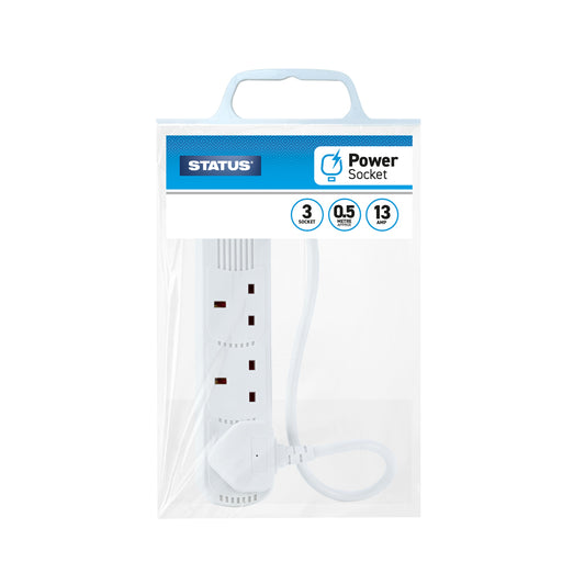 3 way - 0.5 Mtr - Extension Socket - White - Plug - 1 pk - in Poly Bag with Handle