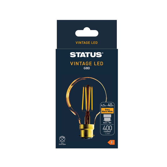 4.5w = 380 lumens - Antique - G80 Globe - BC - Golden - LED Filament - 1 pk box - in White CDU