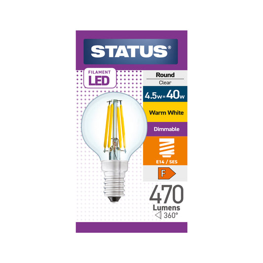 4.5w = 40w = 470 lumens - Dimmable - Filament LED - Round - SES - Clear - Warm White - 1 pk box - in White CDU