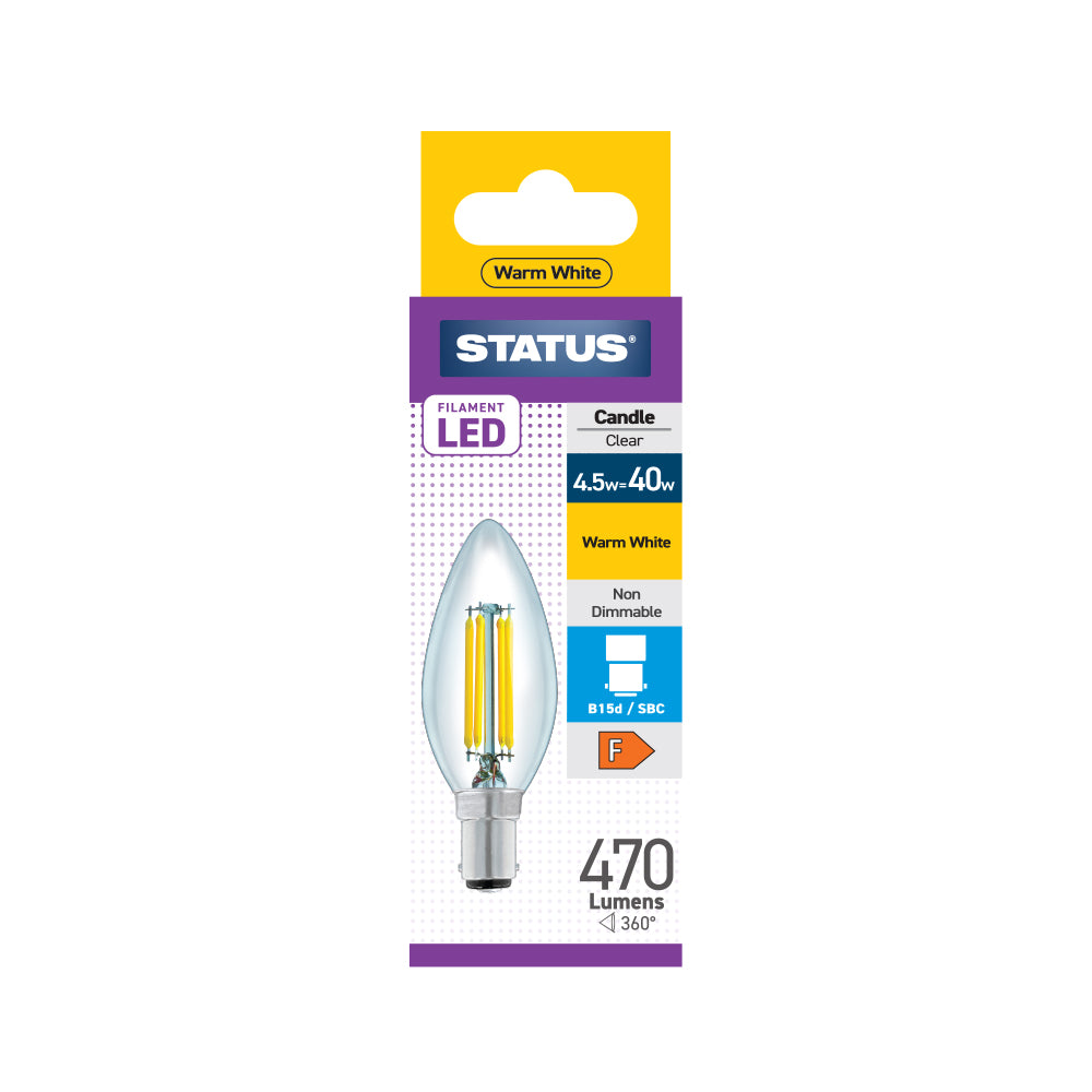 4.5w = 40w = 470 lumens - Filament LED - Candle - SBC - Clear - Warm White - 1 pk box - in White CDU