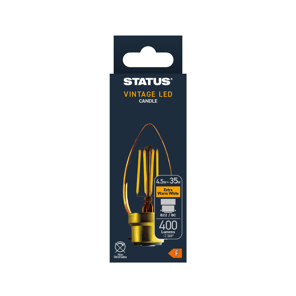 4.5w = 410 lumens - Antique - C35 Candle - BC - Golden - LED Filament - 1 pk box - in White CDU