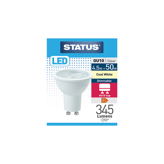 4.5w = 50w = 345 lumens - Dimmable LED - GU10 - 38° - Clear - Cool White - 4000k -1 pk box - in White CDU