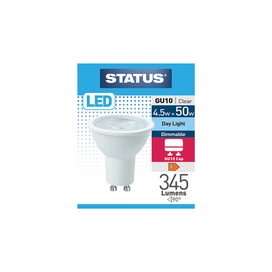 4.5w = 50w = 345 lumens - Dimmable LED - GU10 - 38° - Clear - Day Light - 6500k -1 pk box - in White CDU